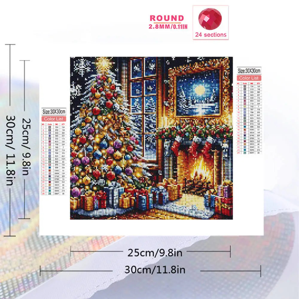 A diamond painting depicts a festive Christmas tree decorated with colorful ornaments and gifts in front of a fireplace.