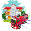 A red fire truck with lights and siren sounds is shown in front of a building with flames.