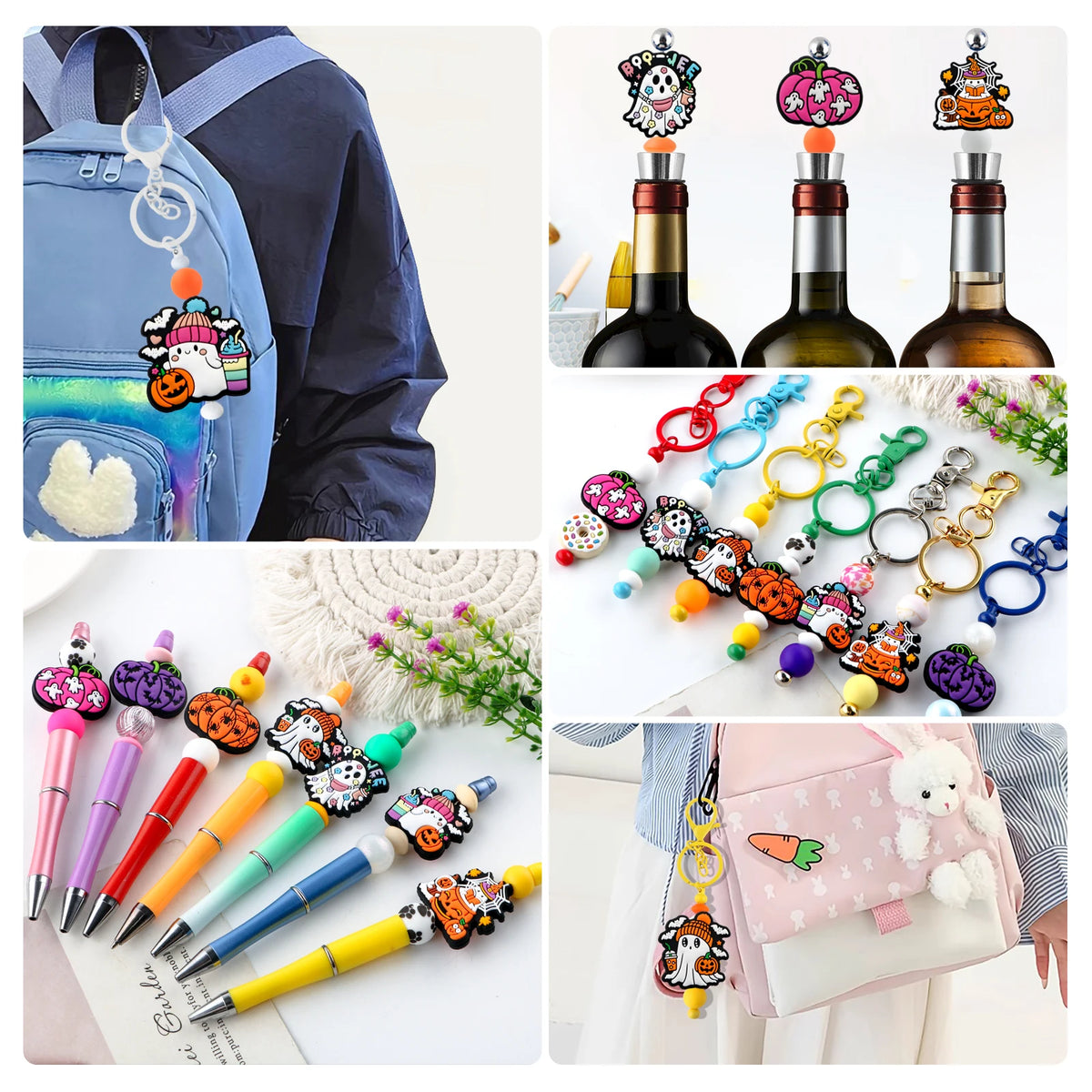 A collection of festive Christmas silicone beads and jewelry making tools including beads, tools, and a pink fabric pouch.