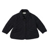 A navy quilted jacket with a collar and flap pockets for a toddler.