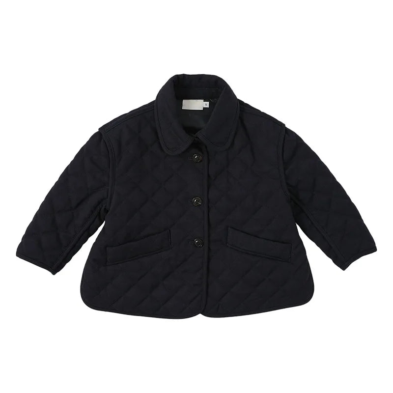 A navy quilted jacket with a collar and flap pockets for a toddler.