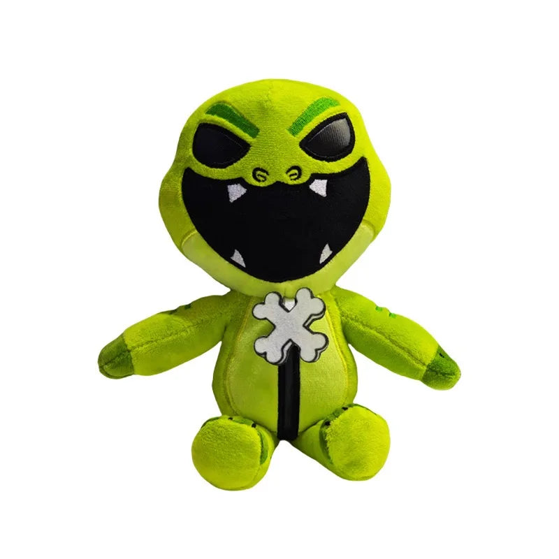 A bright lime green plush toy resembling a green monster with sharp teeth and glowing eyes.