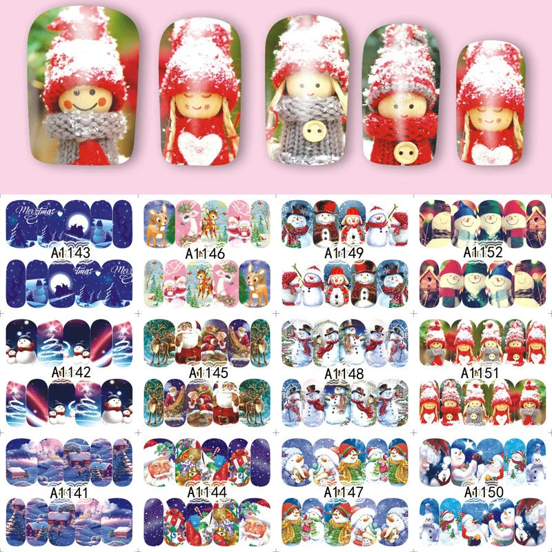 A collection of Christmas themed nail art stickers featuring festive designs for manicures.