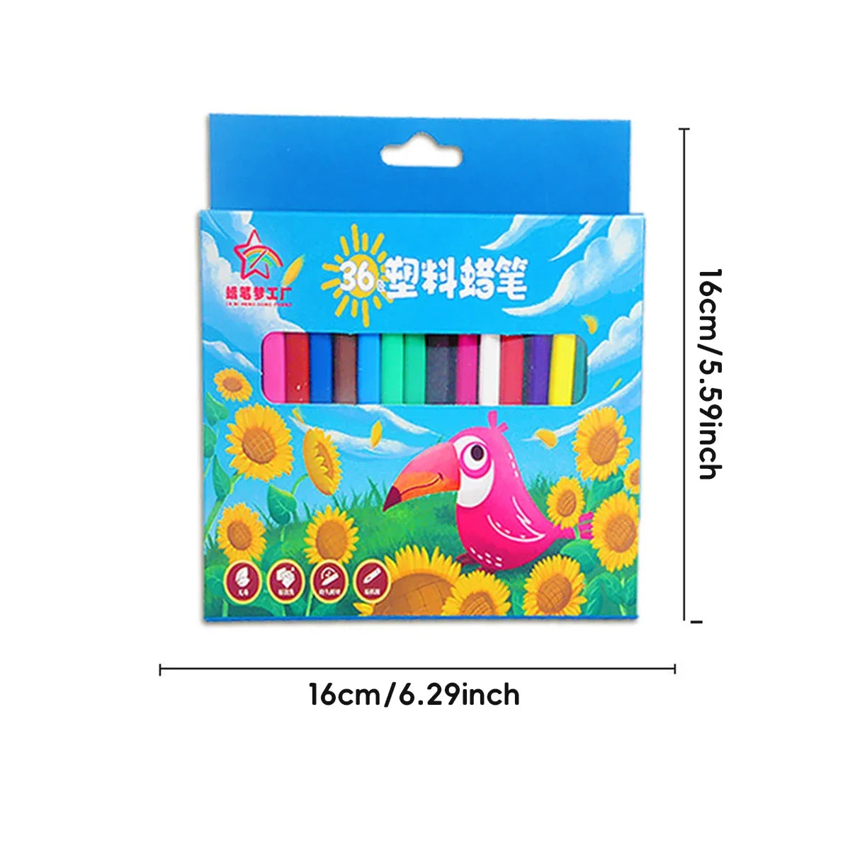A pack of 36 washable non-toxic crayons with ergonomic triangular grips in various colors, displayed in a blue cardboard box.