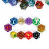 A collection of seven polyhedral resin dice in various colors and shapes arranged in a circle.