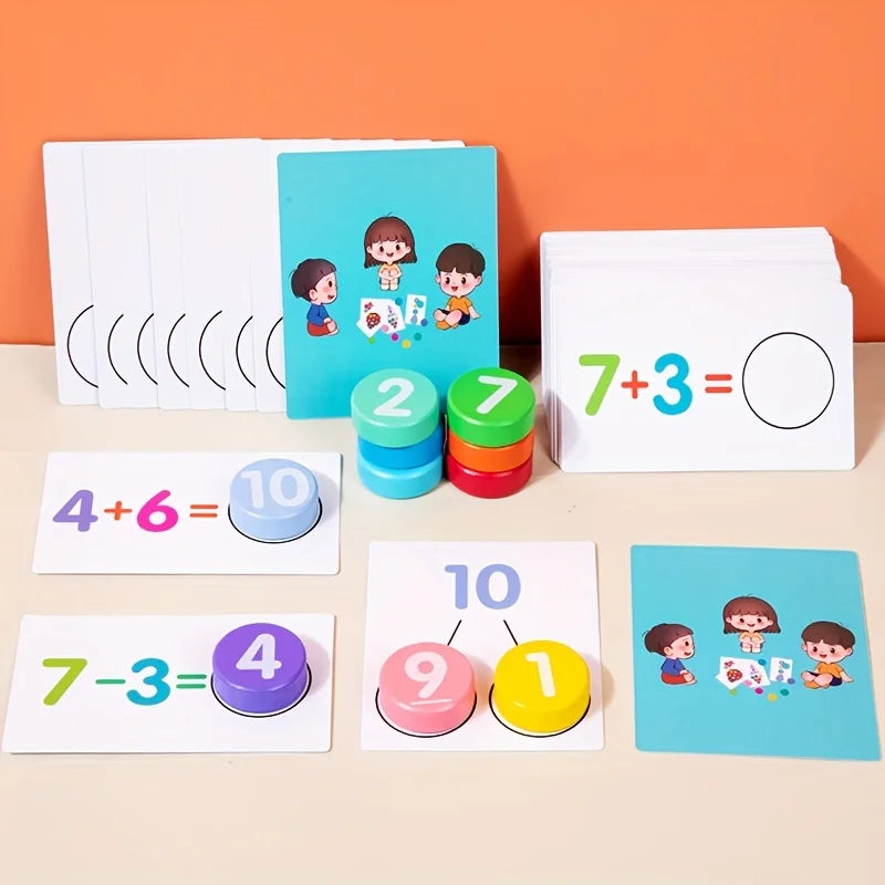 Un set de cartes mathématiques numériques colorées montrant des problèmes d'addition et de soustraction comme 7+3=