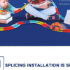 A parent and child interact with a colorful flexible race car track set on a blue surface.