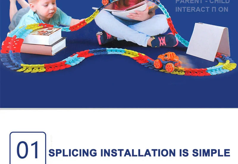 A parent and child interact with a colorful flexible race car track set on a blue surface.