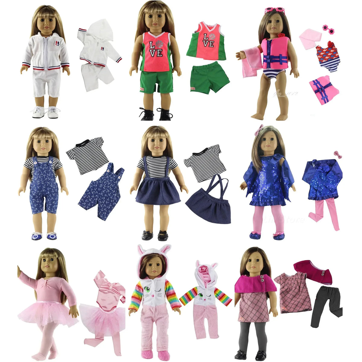 A collection of casual outfit sets for 18-inch dolls featuring various clothing styles and colors.