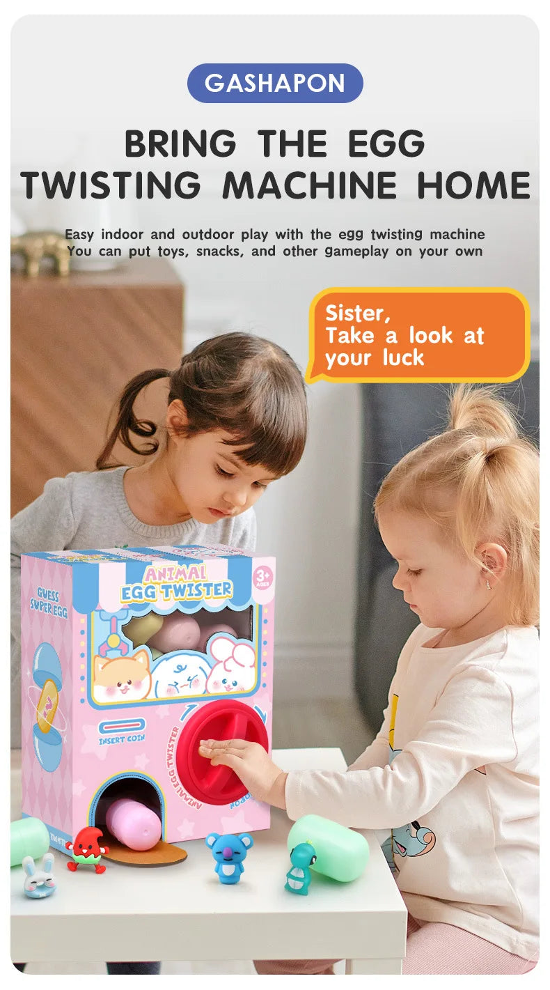 A young girl plays with a pink egg twisting machine toy in a living room setting.