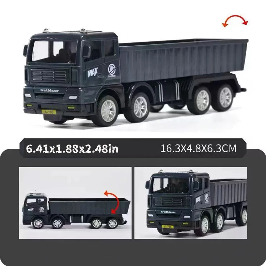 A black pull-back container truck toy for kids with a box-like cargo area.