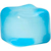 A translucent light blue squishy stress toy shaped like a cube.