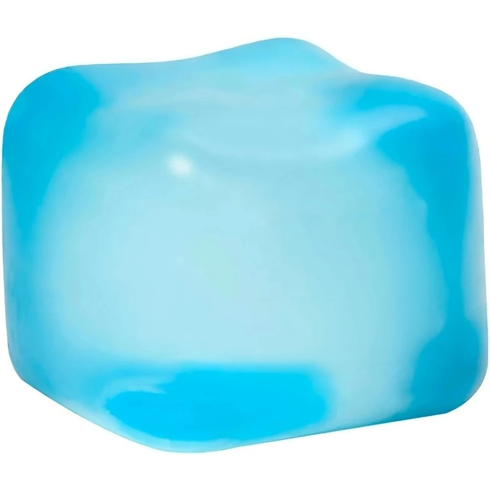 A translucent light blue squishy stress toy shaped like a cube.