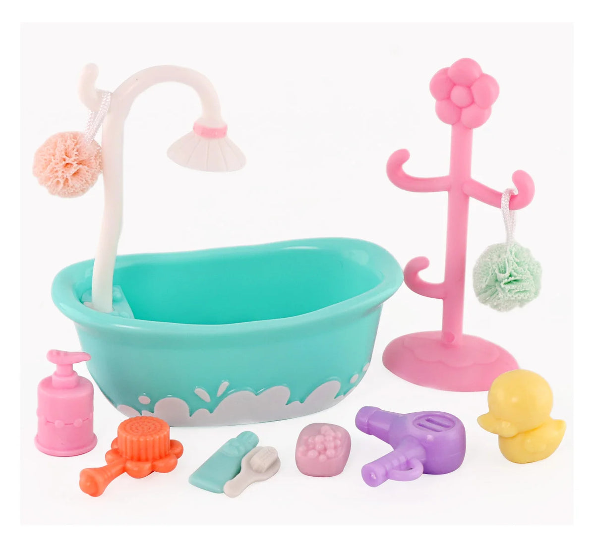 A pink and teal pet spa bath and drying rack playset with a basin, faucet, and accessories.