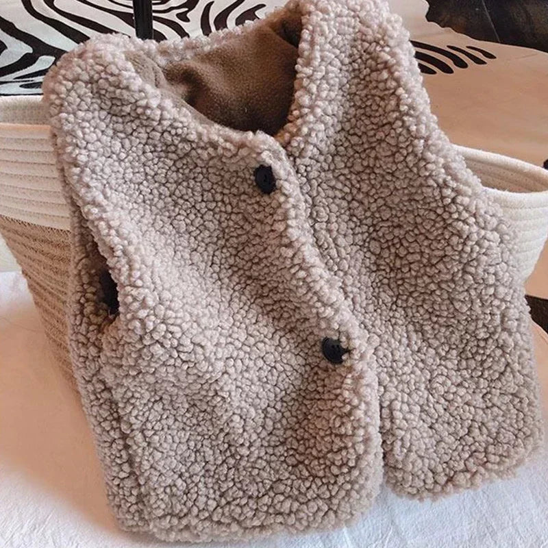 A beige plush fleece vest for children, shown folded on a woven basket.