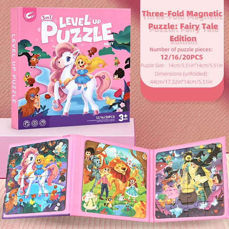 A box and unfolded puzzle pieces of a three-fold magnetic puzzle set featuring fairy tale characters like a white horse and v