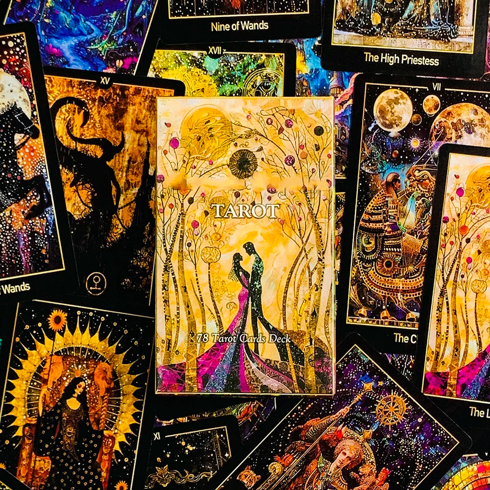 A collection of various illuminated tarot cards featuring mystical imagery and vibrant colors.