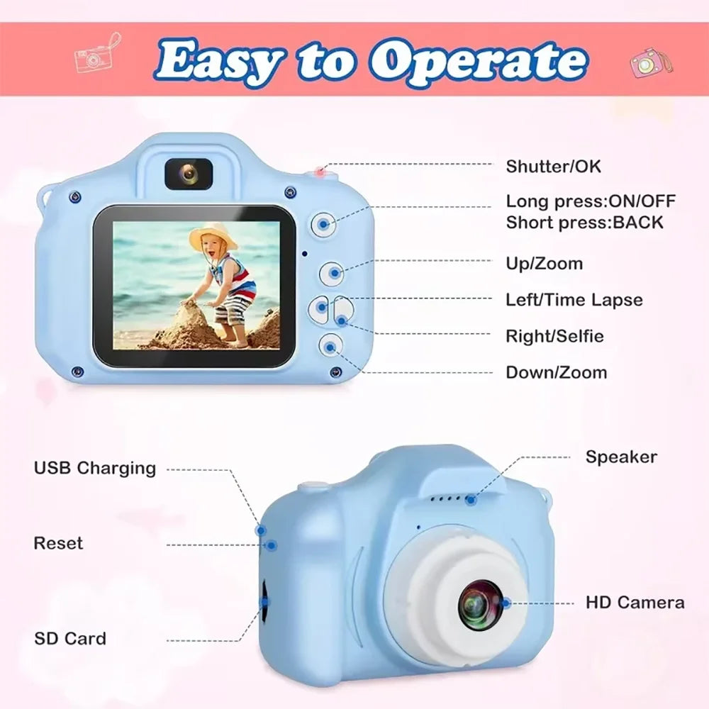 A light blue kids mini digital camera with a screen showing a landscape and various control buttons.