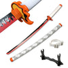 A Demon Slayer anime katana with an orange hilt and a white bamboo blade shown in various angles.