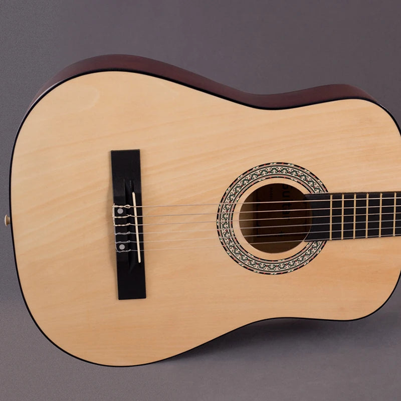 A light wood classical guitar with a dark brown finish and a decorative rosette on the soundhole.