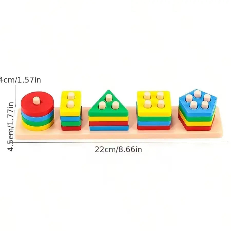 A set of colorful, triangular and rectangular shape-matching blocks for toddlers in red, yellow, green, blue, and orange.