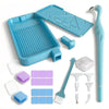 A complete diamond painting accessory kit featuring a blue iridescent tray, tools, and various painting implements.