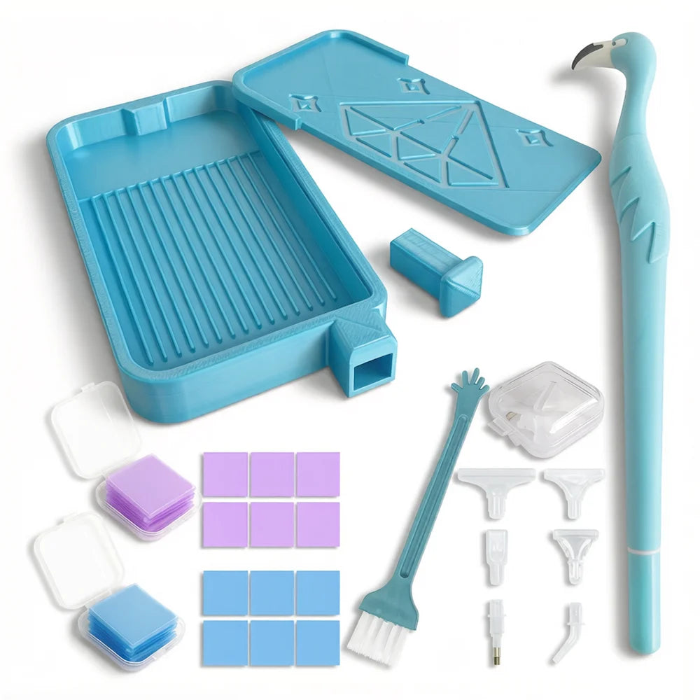 A complete diamond painting accessory kit featuring a blue iridescent tray, tools, and various painting implements.