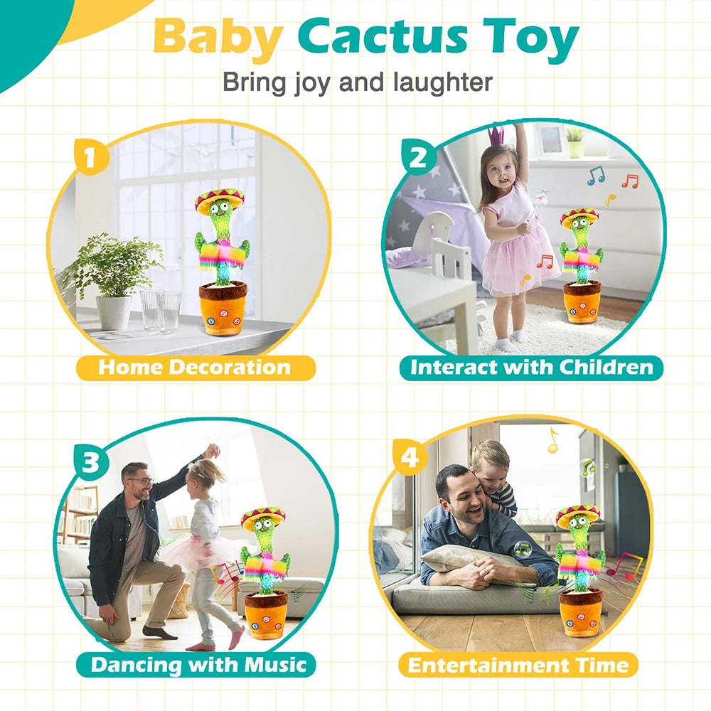 A set of interactive cactus toys for children showing home decoration, interaction, dancing with music, and entertainment tim