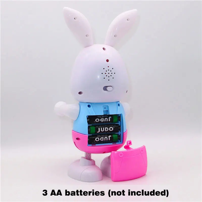 A white musical robot rabbit toy with blue accents and pink features, shown against a white background.