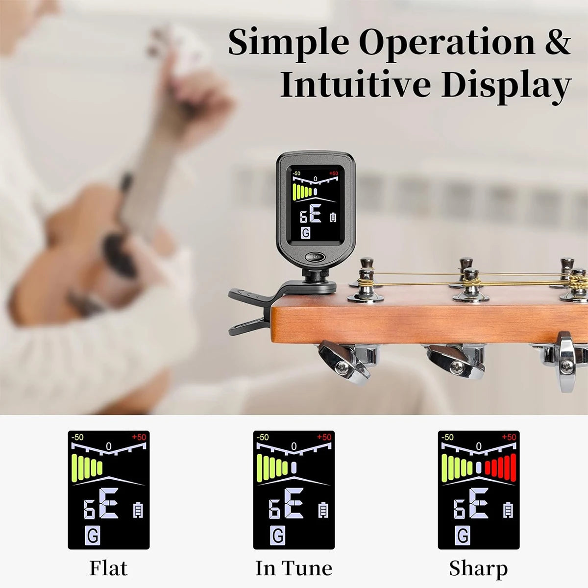 Rechargeable clip-on tuner with flat, in tune, and sharp display options for musical instruments