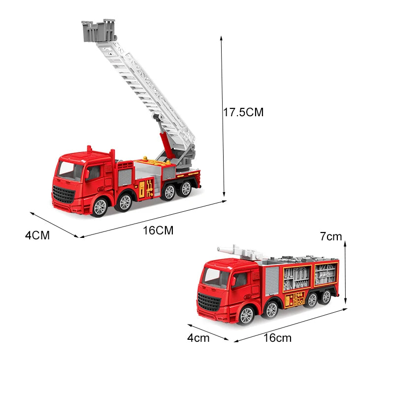 Red die-cast fire fighting vehicle set featuring a truck, ladder, and water cannon.