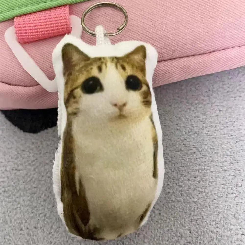 A plush keychain of a cat face with brown and white fur, attached to a pink fabric item.