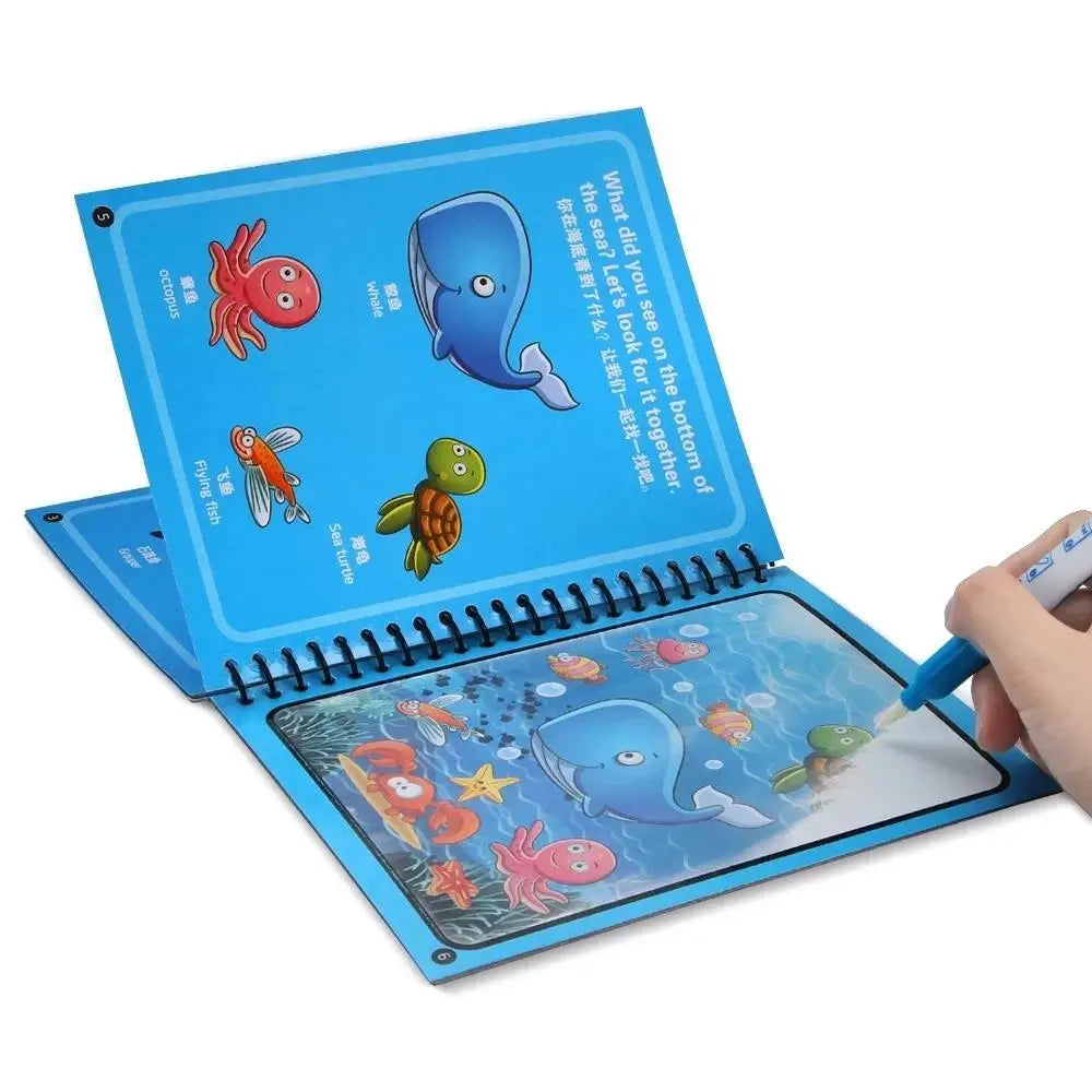 A blue reusable water drawing book featuring sea creatures and a magic pen for drawing.