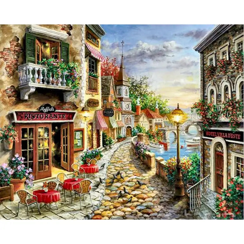 A painting depicting a charming European street scene with buildings, flowers, and a canal view.