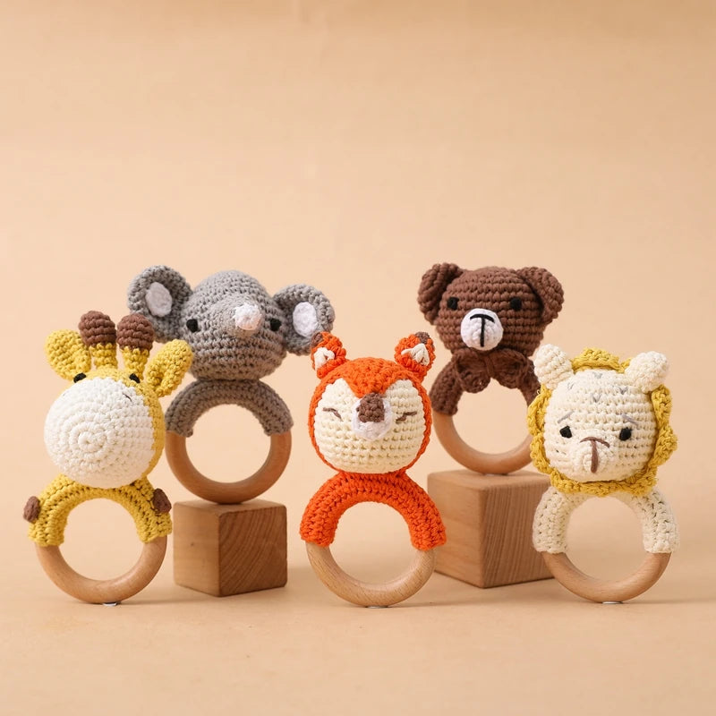Handcrafted Wooden Crochet Animal Rattle for Babies