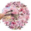 Watercolor peach blossom sticker pack featuring pink cherry blossoms and traditional Japanese architecture