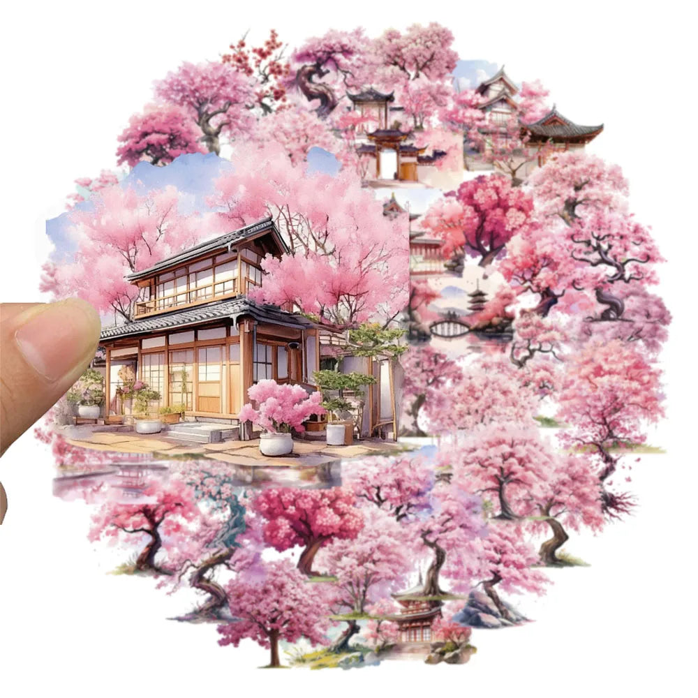 Watercolor peach blossom sticker pack featuring pink cherry blossoms and traditional Japanese architecture