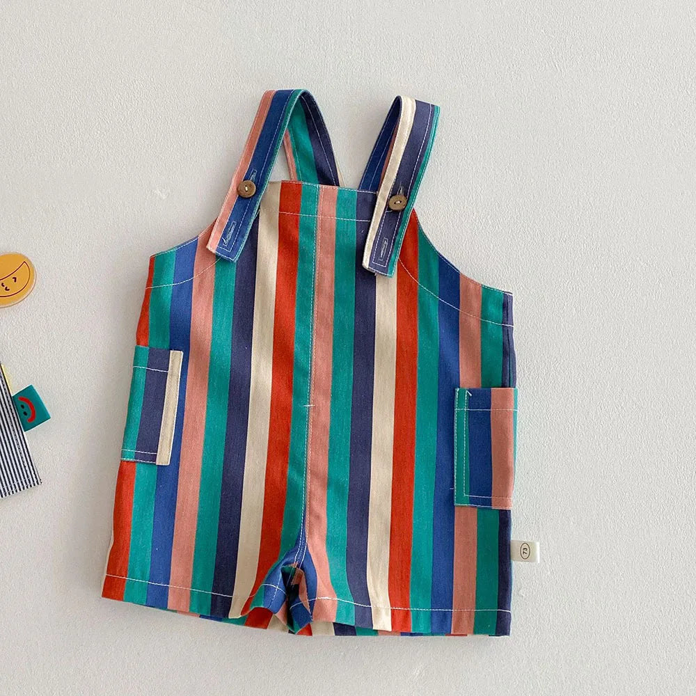 Colorful striped kids overalls featuring vertical stripes in blue, orange, pink, and green.