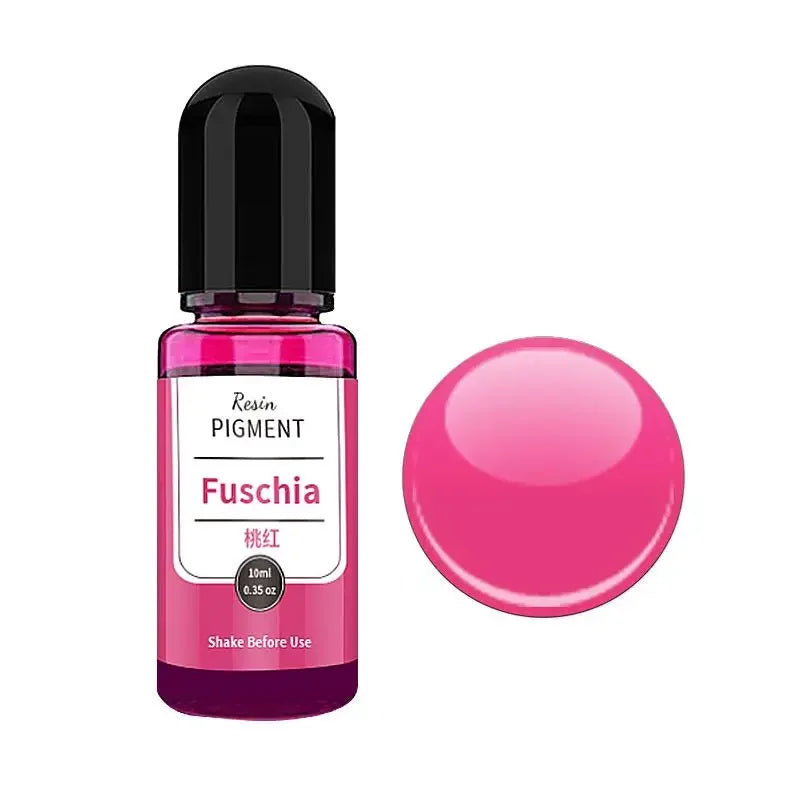 A small glass bottle of Fuschia resin pigment with a pink cap and a round pink pigment disk.