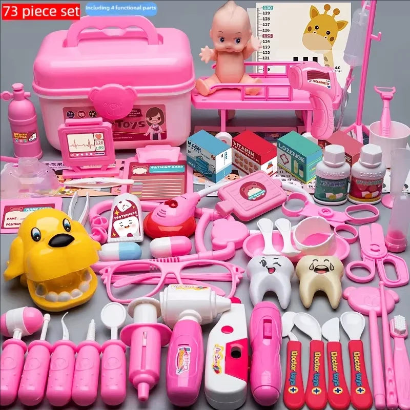 A pink kids doctor role play kit featuring a toy doctor, stethoscope, and various plastic medical tools.