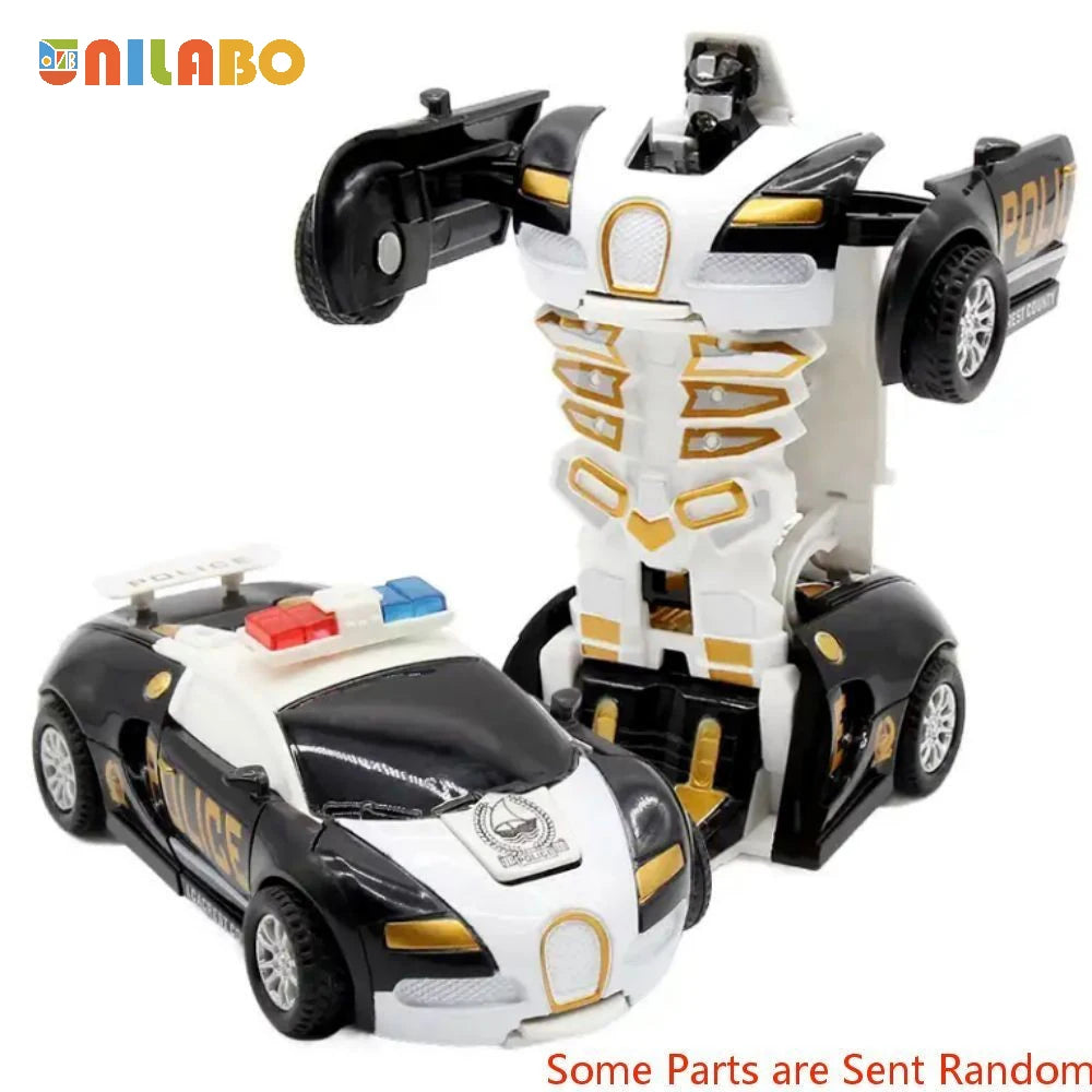 A white and black transformable robot sports car toy with gold accents, shown in a dynamic pose.