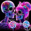 A vibrant diamond painting kit featuring two detailed skulls with floral designs and pink hair.