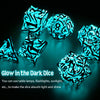 A set of polyhedral dice glowing with a bright blue light against a dark background.