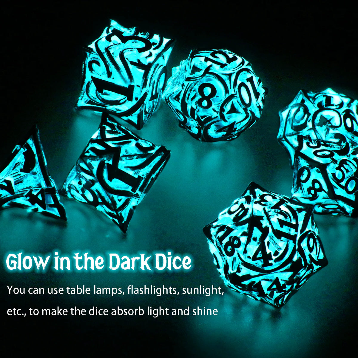 A set of polyhedral dice glowing with a bright blue light against a dark background.