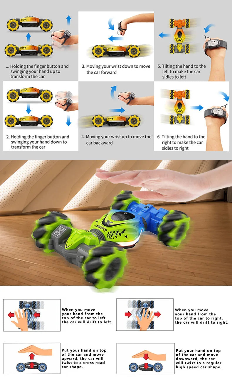 A remote control stunt car with gesture and watch control is shown alongside various demonstration images.