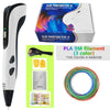 A white 3D printing pen with a black body and a box showing PLA filament and accessories.