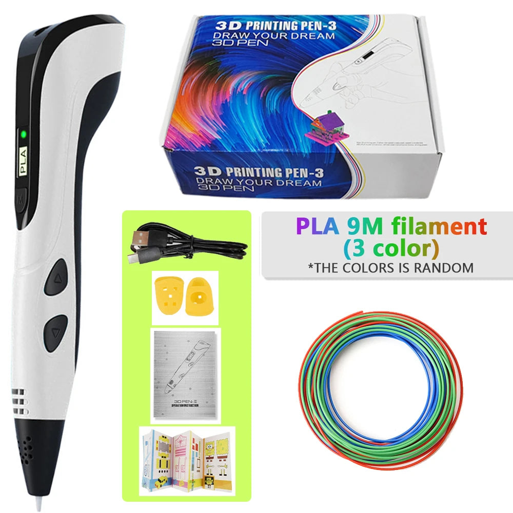 A white 3D printing pen with a black body and a box showing PLA filament and accessories.
