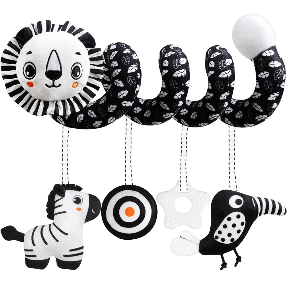 Un ensemble de miroirs-rattles développementaux avec des figures de lion, zèbre et singe.