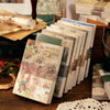 A stack of vintage decorative paper sheets for scrapbooking and journaling resting on a wooden surface.