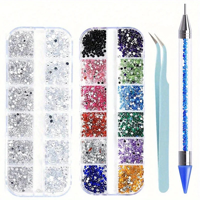 A collection of multi-size flat back acrylic rhinestones in various colors and shades for nail art and DIY crafts.